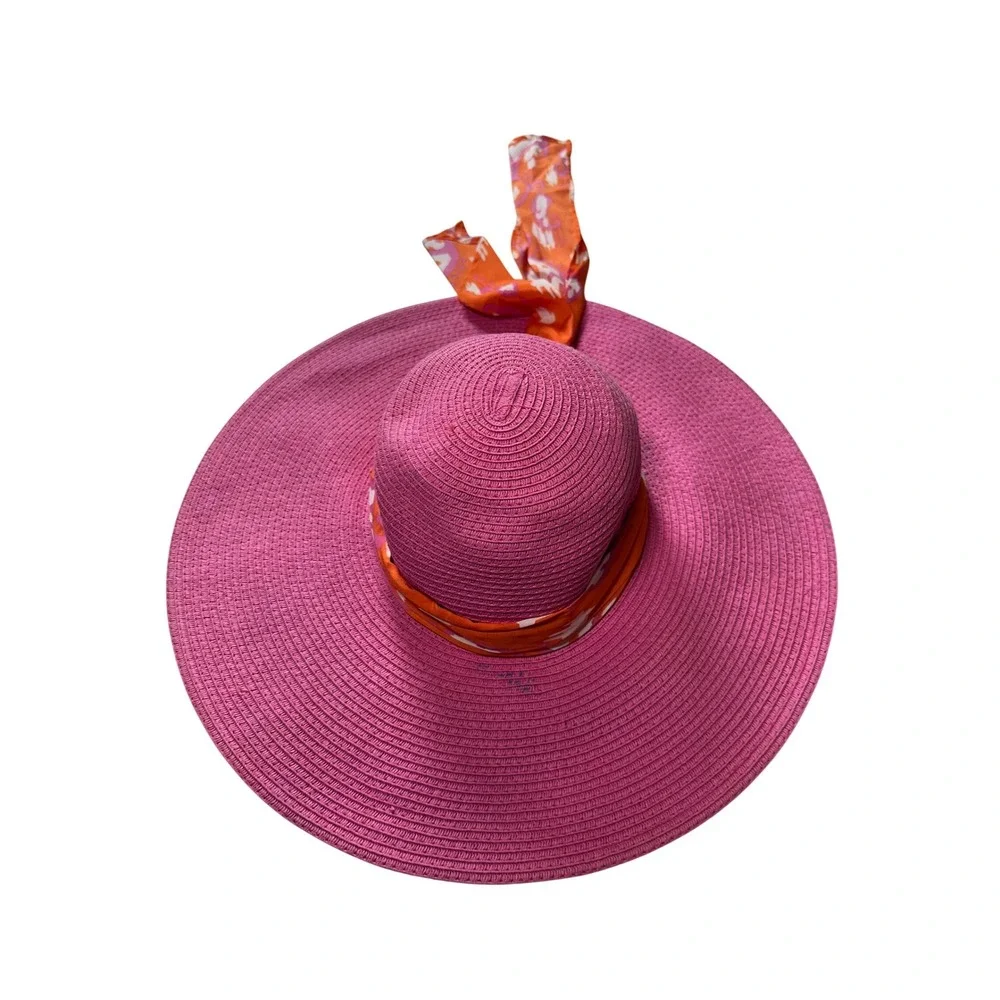 Mud Pie Pink Wide Brim Straw Sun Hat‎ Orange Scarf Floppy Beach One Size